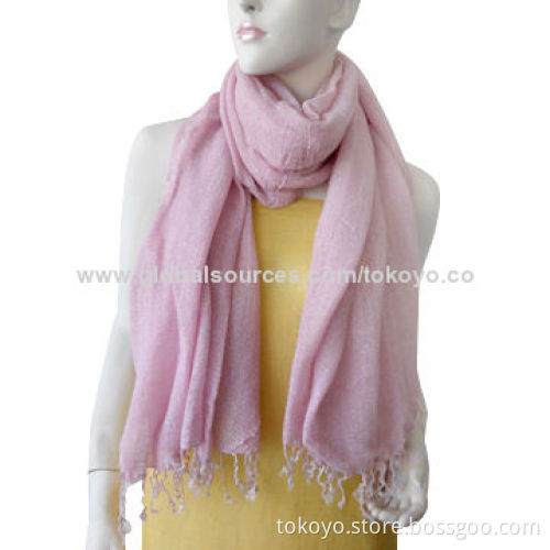 Viscose scarf with fine metallic spun with pink yarns, yarn dyed woven, measures 180*70+8cm tassels